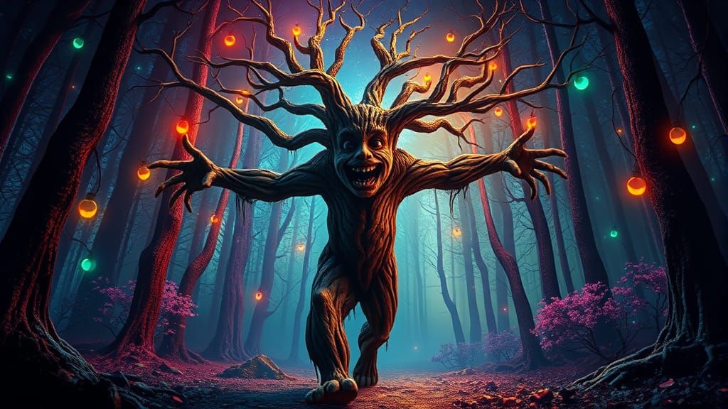 Epic Tree Man Embarks on a Starry Night Adventure