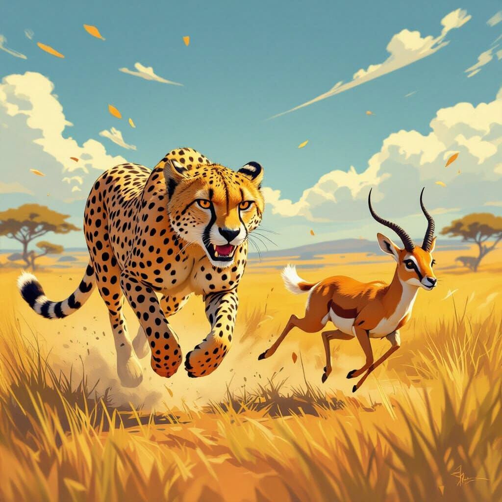 Cheetah Pursues Antelope on Sunny Savannah