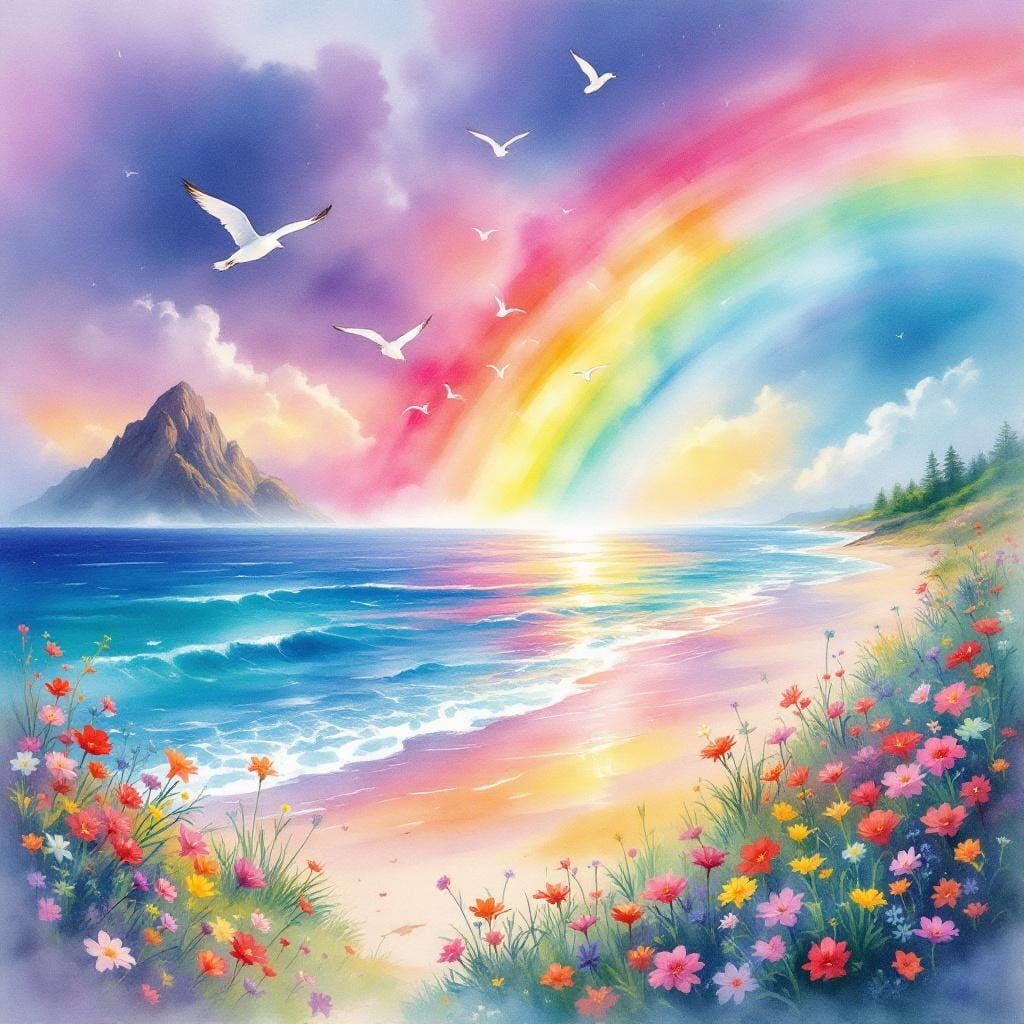 Radiant Coastal Scene as Watercolor Fantasy Art