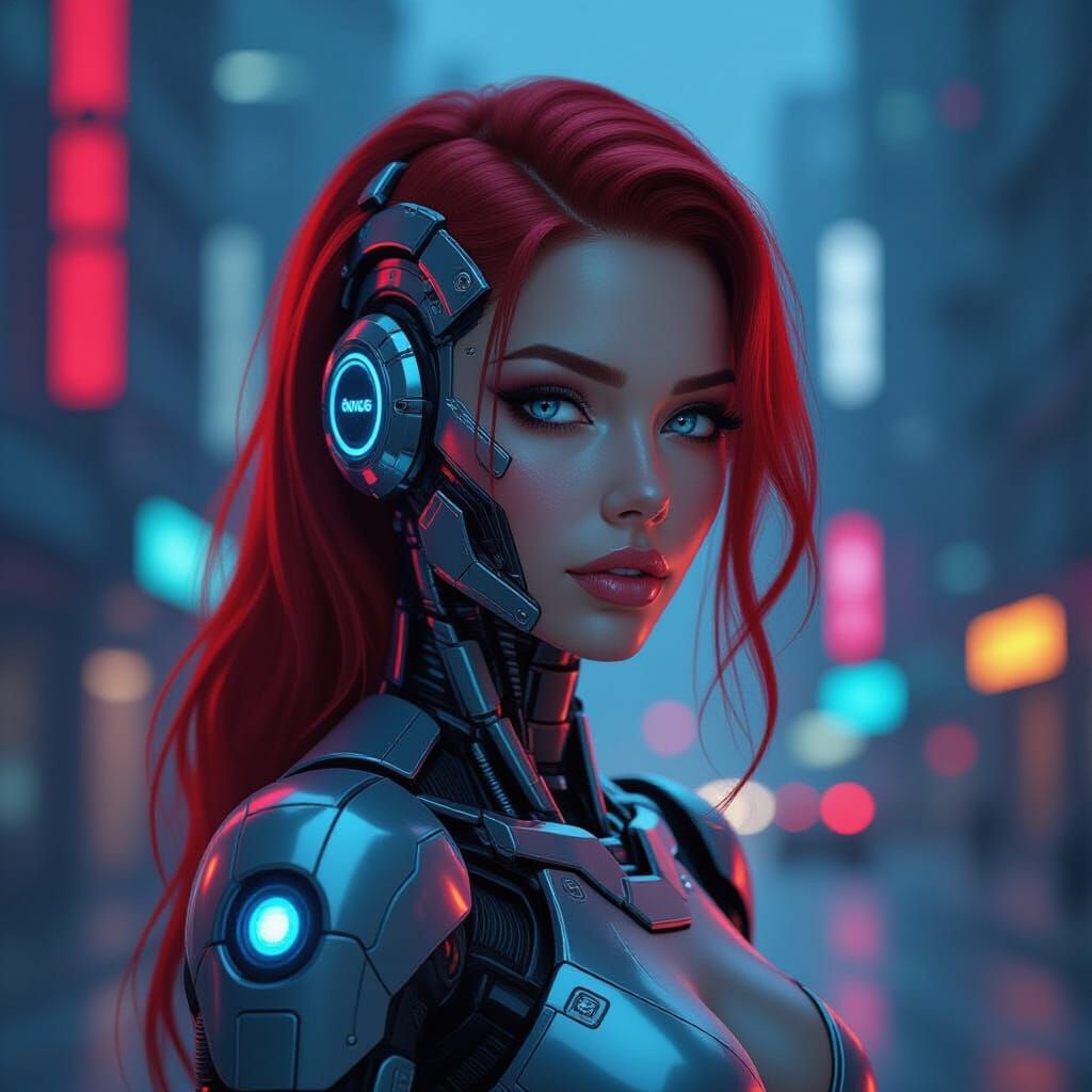Female Cyborg in Neon Cityscape, Hyperrealistic Digital Art