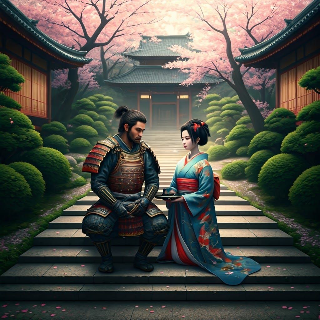 Samurai and Geisha in Japanese Garden, Digital Matte Paintin...