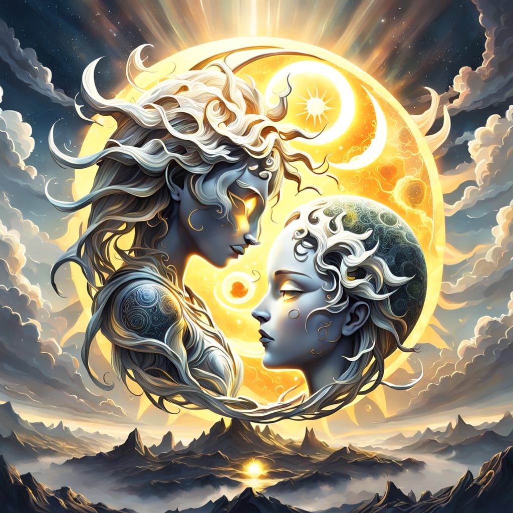 Cosmic Surrealism: Sun and Moon Entwined