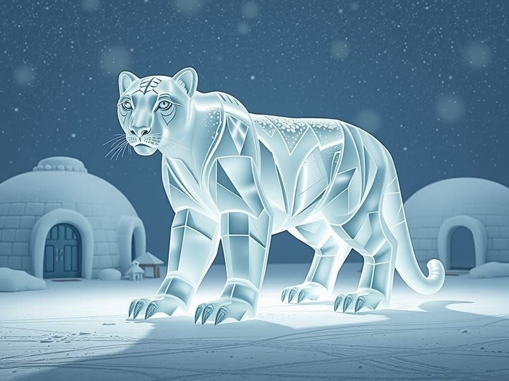Ethereal Ice Cougar Sculpture in Winter Wonderland