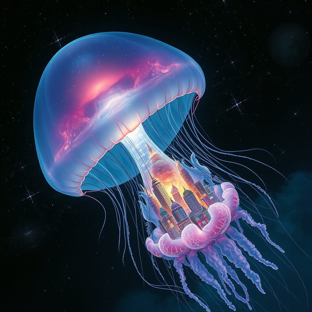 Bioluminescent Jellyfish Drifting Through Deep Space