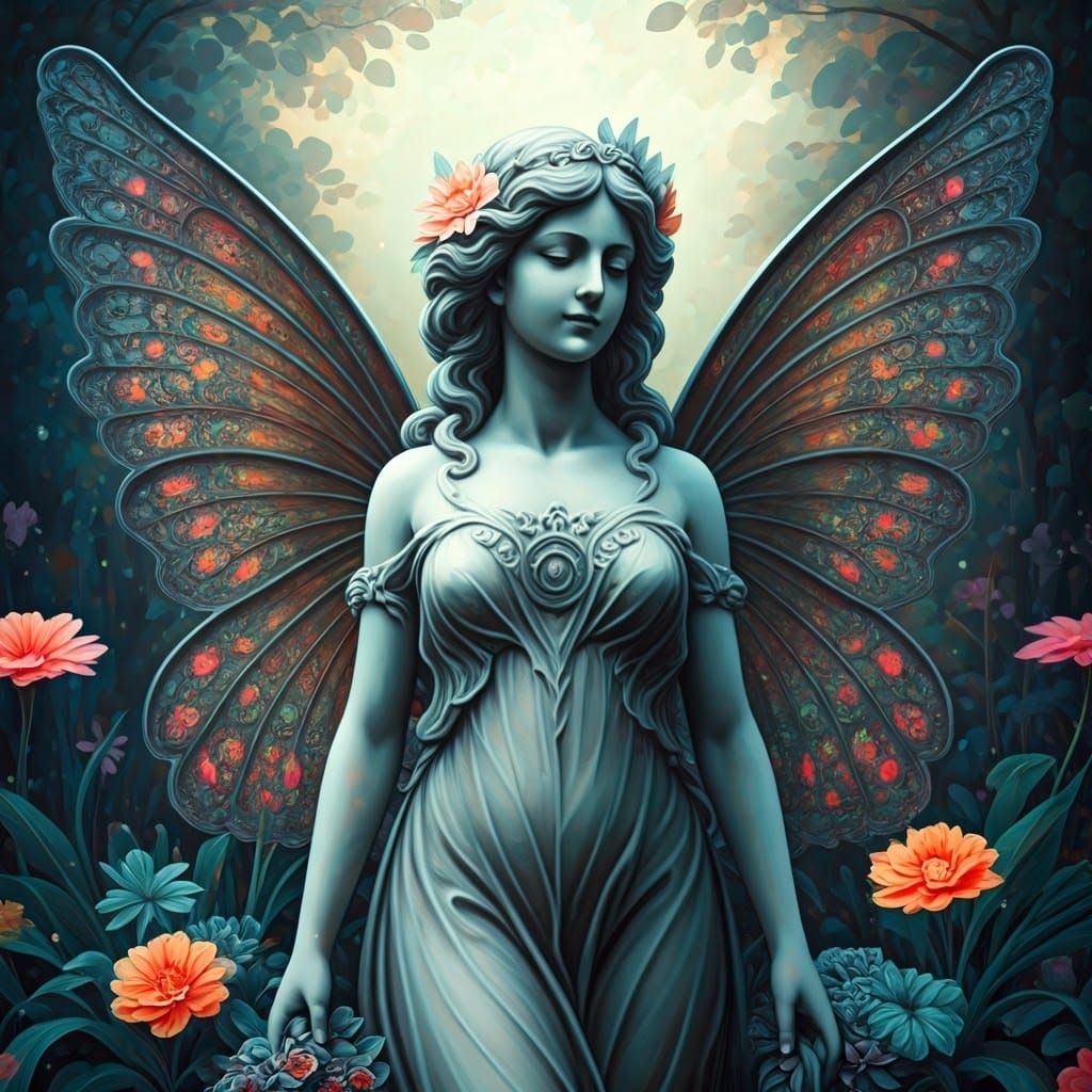 Fairy Statue in Rainbow Vapor: Abstract Expressionism