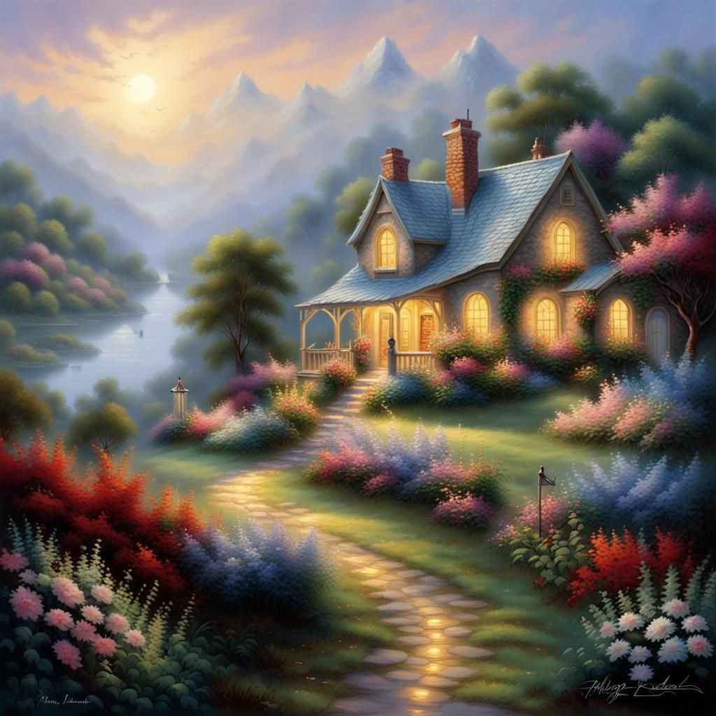 Picturesque Cottagecore Landscape Under Moonlight