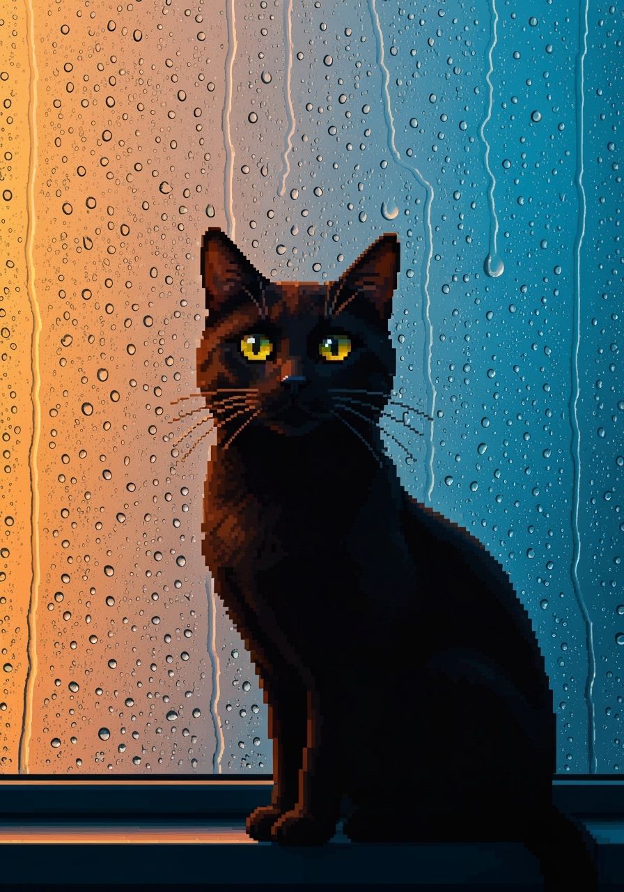 Pixelated Black Cat with Yellow Eyes by Window
