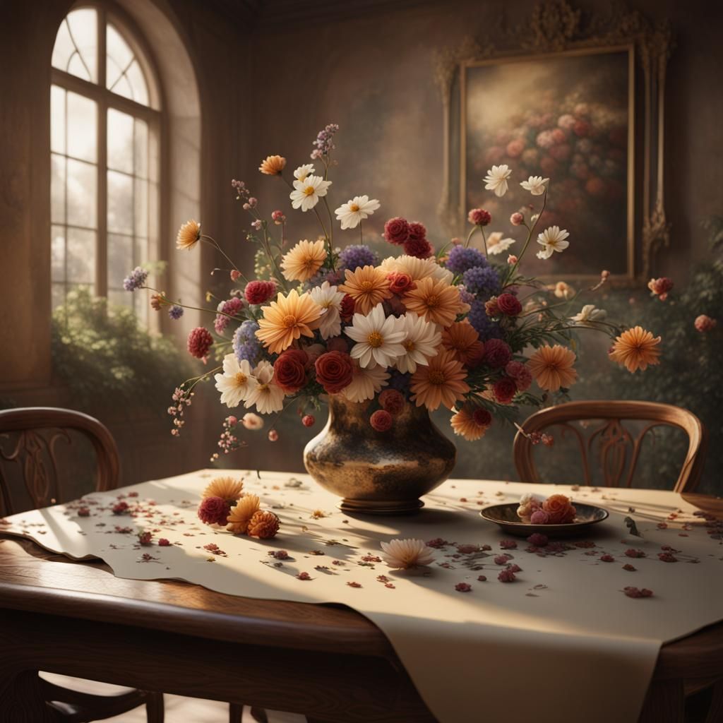 Pinhole Photography of Flowers on Table in Beige