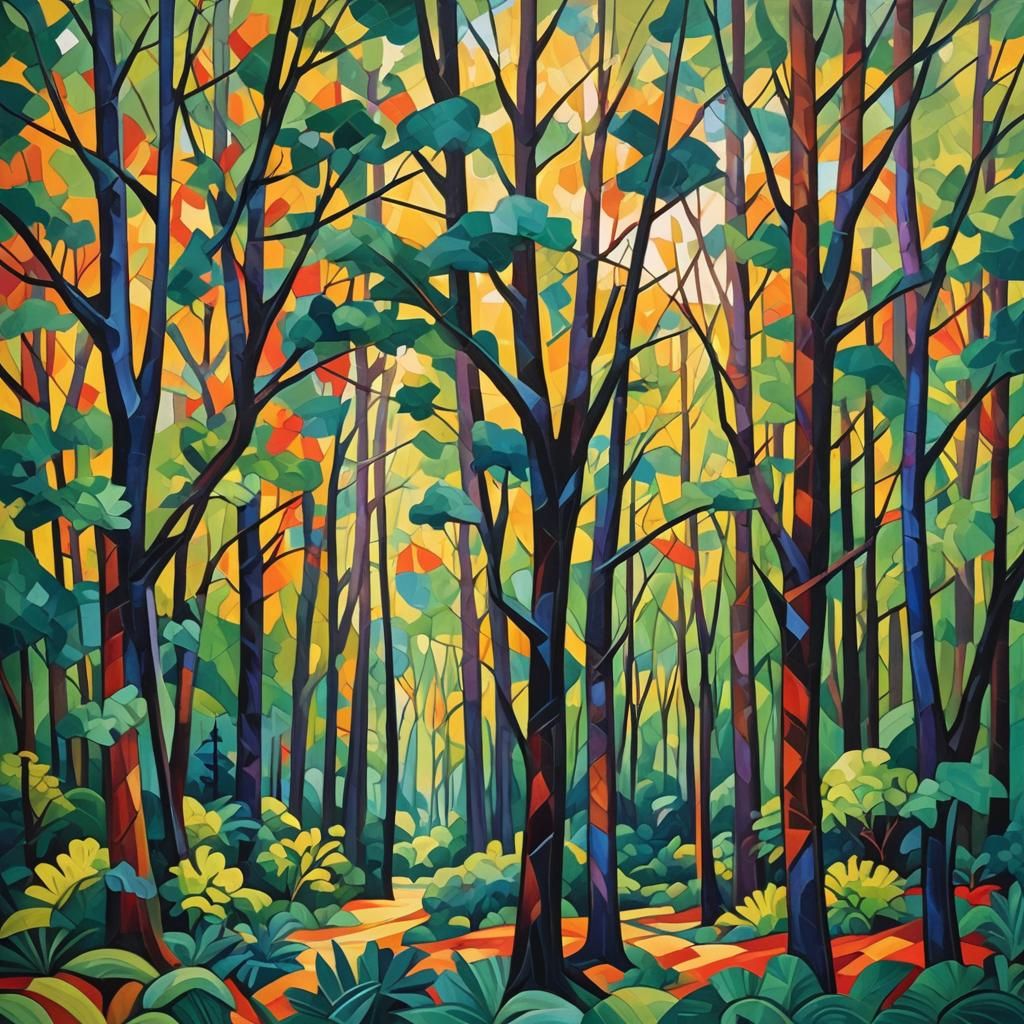 Geometric Forest: A Cubist Oil Painting