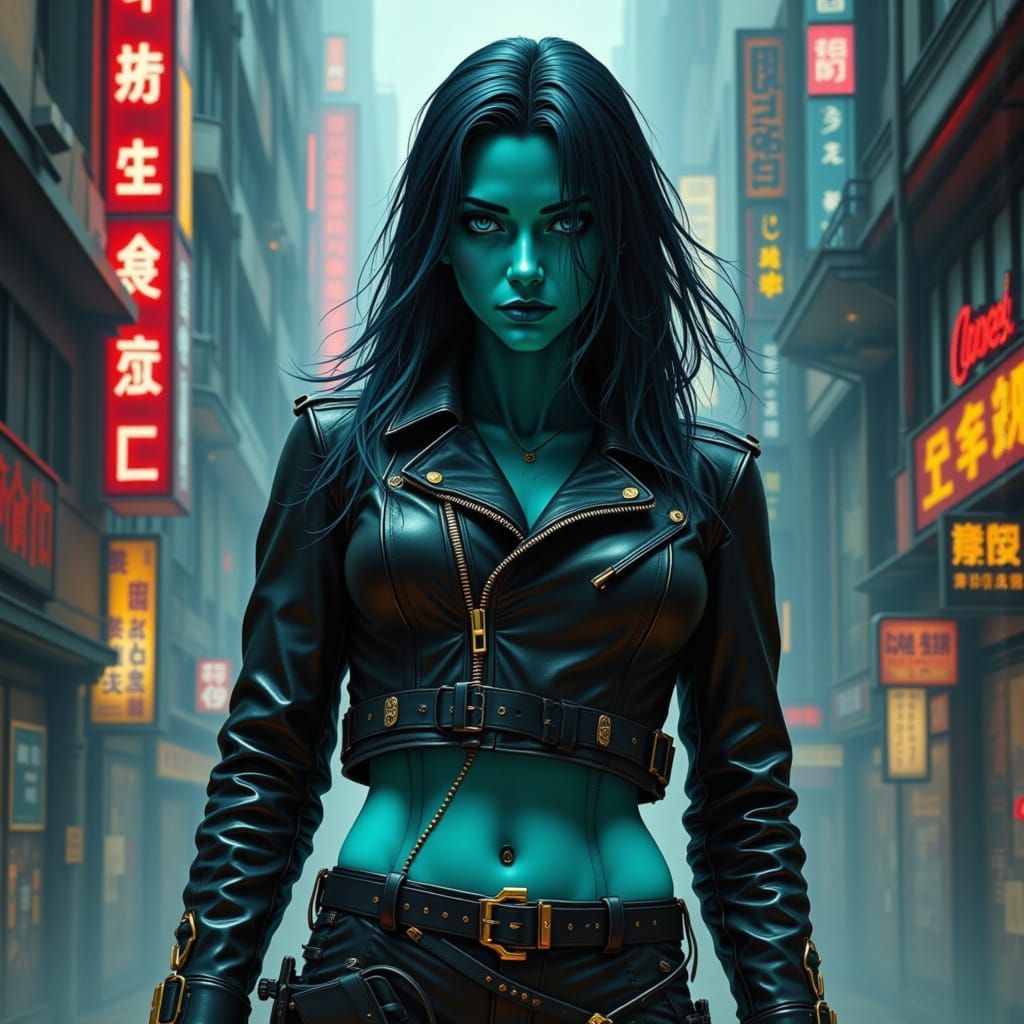 Turquoise Cyborg in Dystopian Cityscape