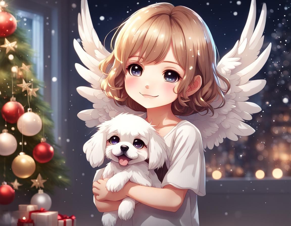 Chibi Angel Girl with Puppy Christmas Scene