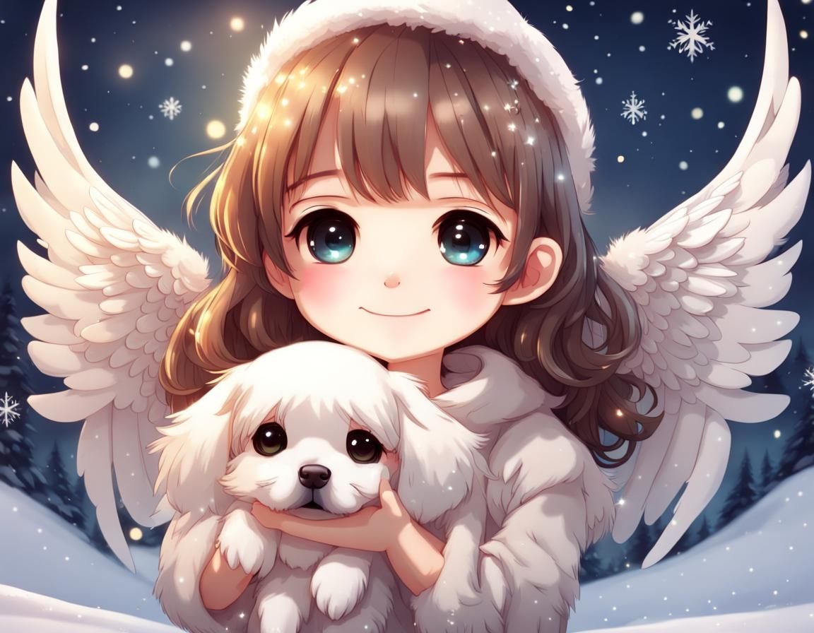 Chibi Angel Girl with Puppy Christmas Scene