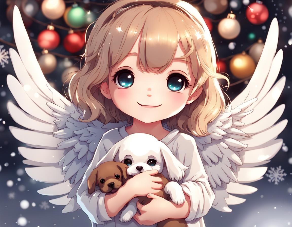 Cute Chibi Angel with Puppy and Christmas Decorations