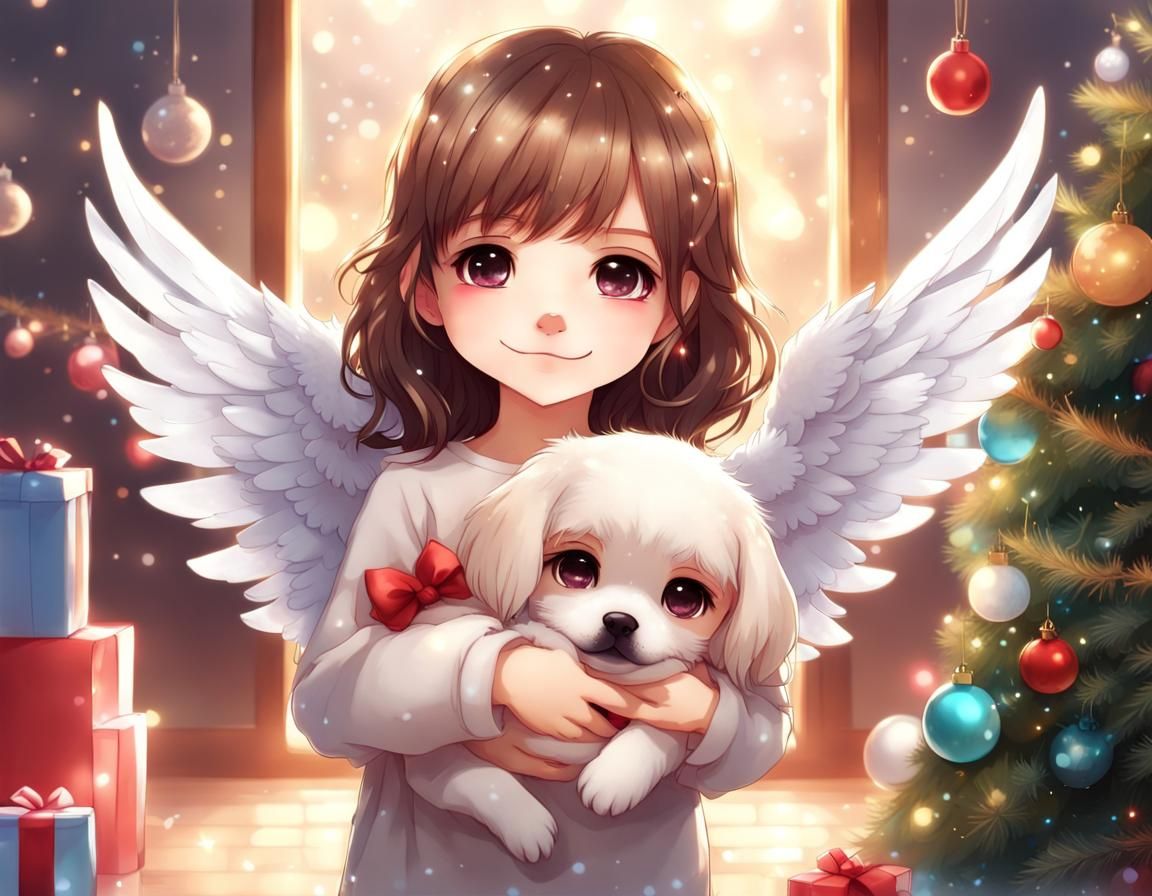Cute Chibi Angel Girl with Puppy in Christmas Scene