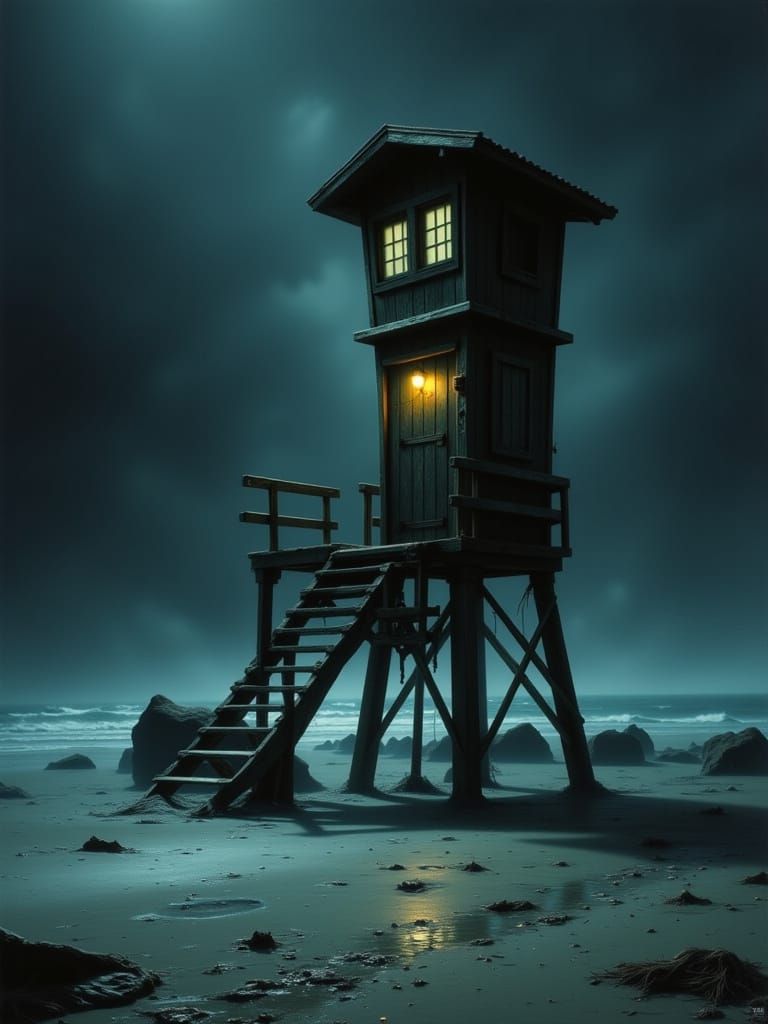 Eerie Lifeguard Station on Deserted Beach at Night