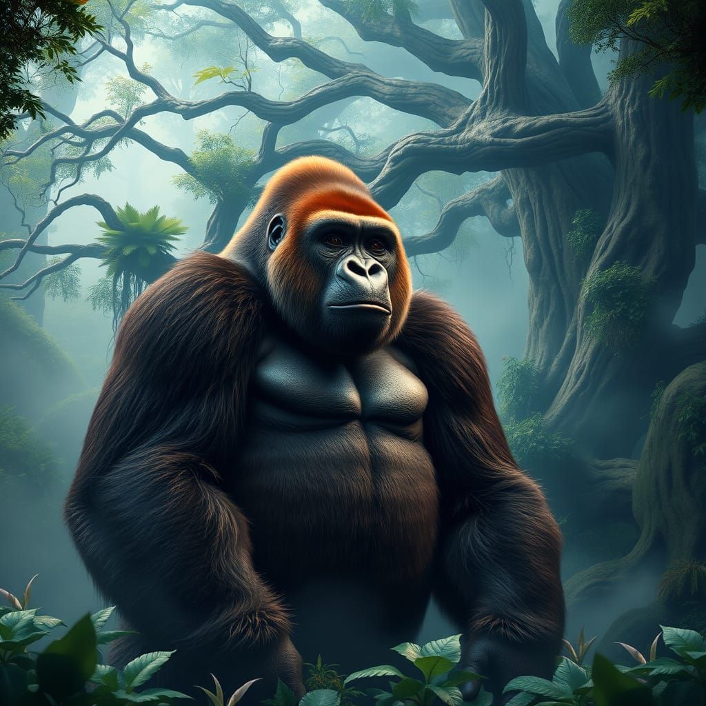 Majestic Gorilla in Lush, Mystical Forest