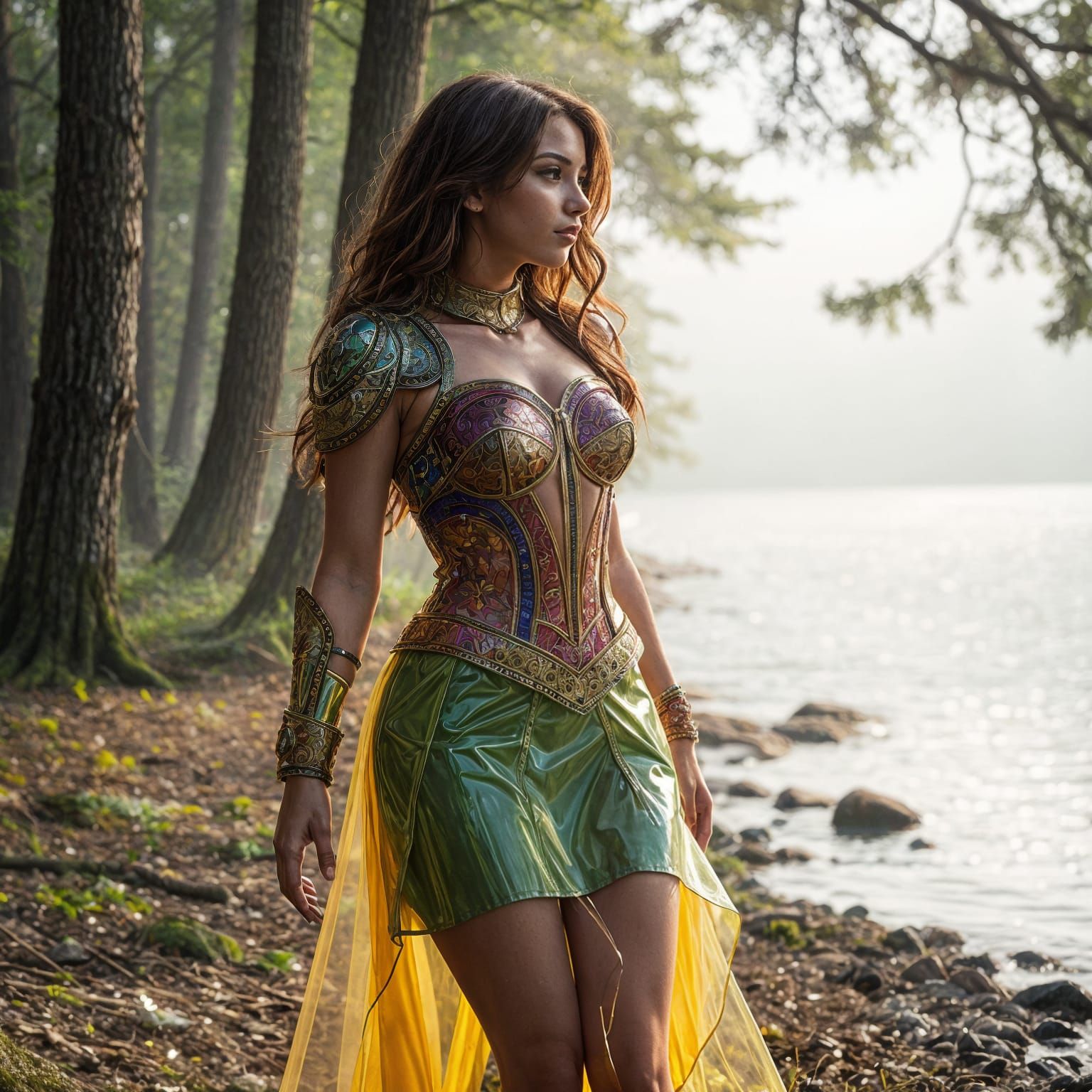 Hyperrealistic Woman in Colorful Armor by Lakeshore