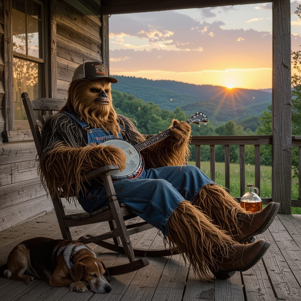 Chewbacca as a Redneck Musician in Appalachian Woods