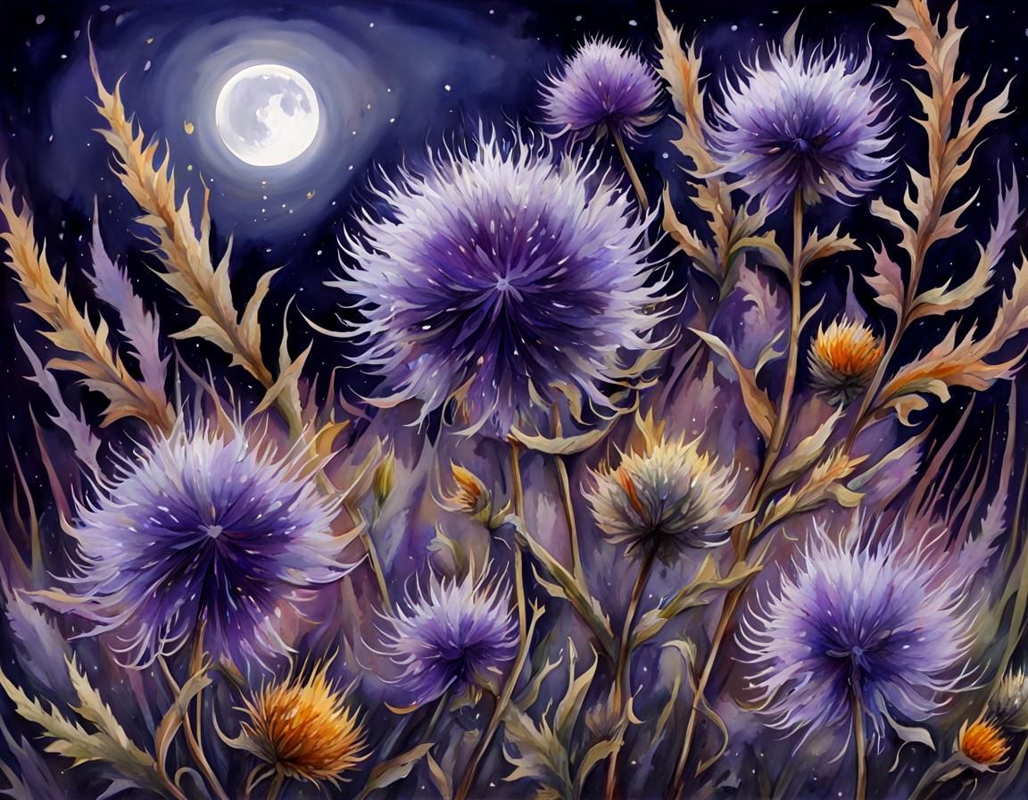 Moonlit Thistle Meadow: Hyperrealistic Surrealist Painting