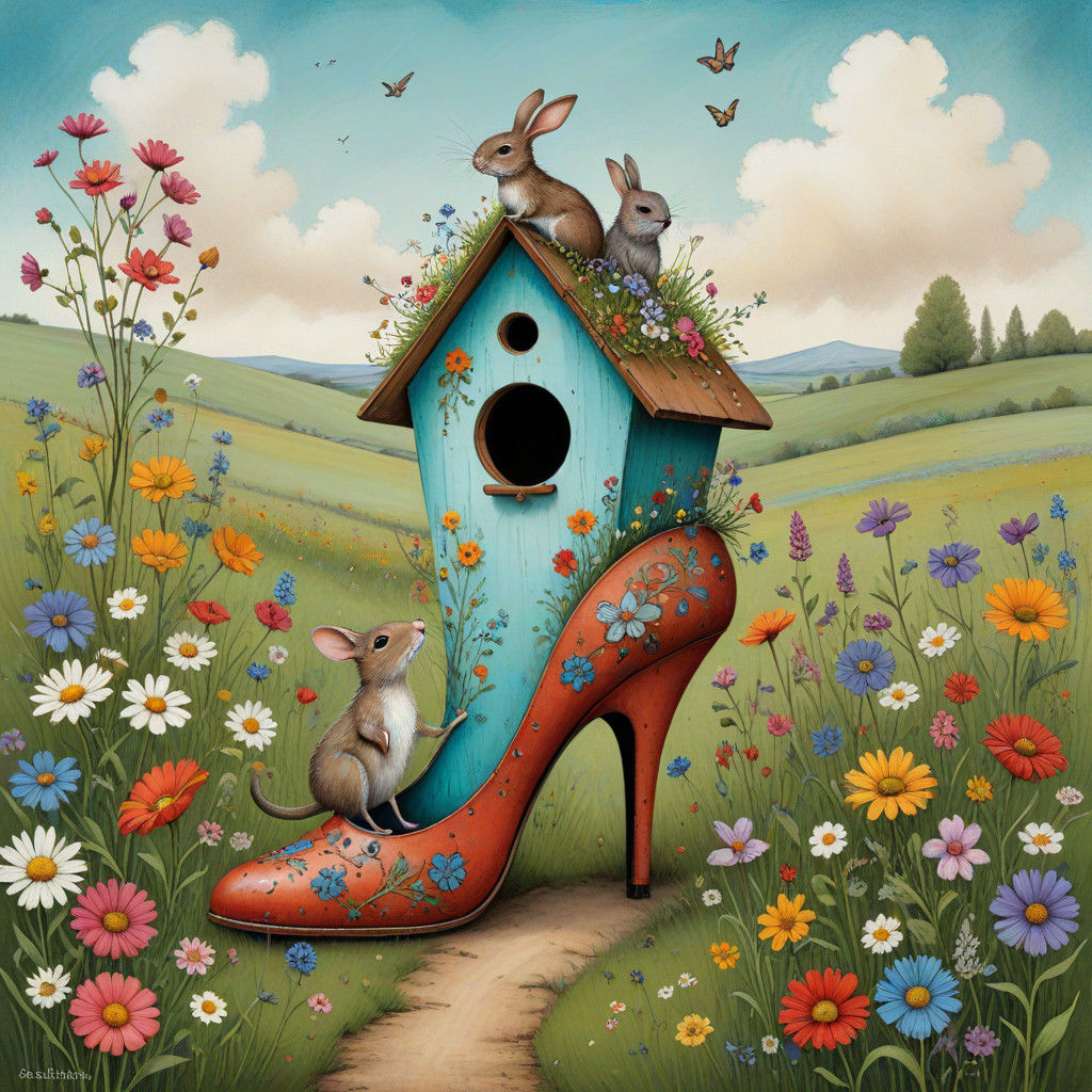 Whimsical Shoe Birdhouse with Floral Meadow and Fuzzy Friend...
