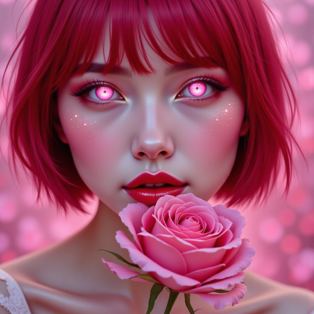 Ethereal Pink Portrait of Woman with Rose