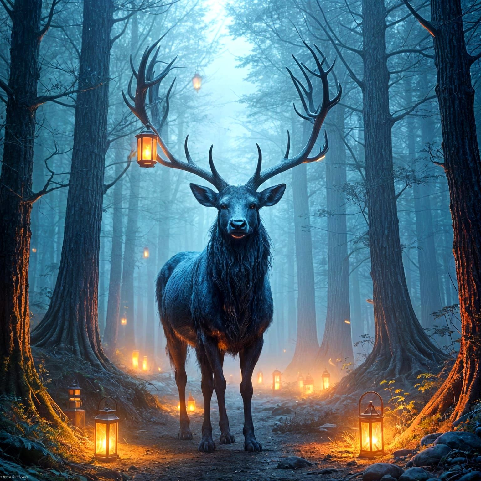 Shadowy Giant Guides Travelers Through Misty Forest