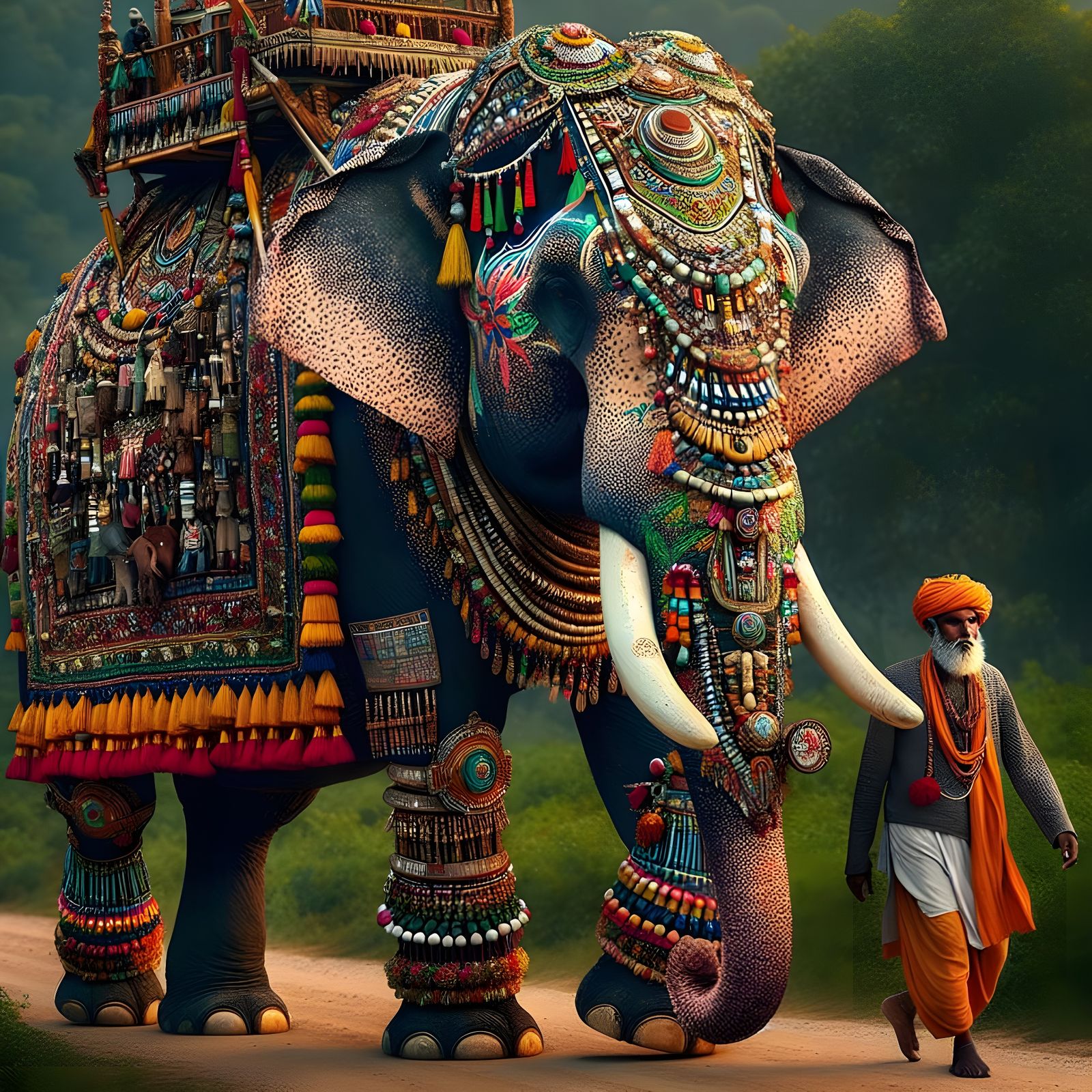 Decorated Indian Elephant in Harmony with Owner