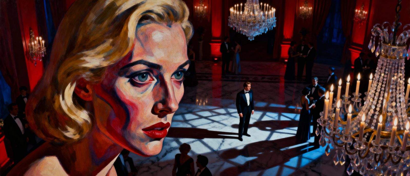 Possessive Woman in Opulent Ballroom, Film Noir Style