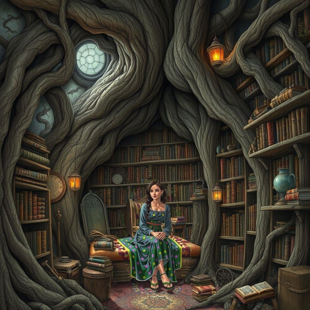Cozy Tree Library with Ancient Books