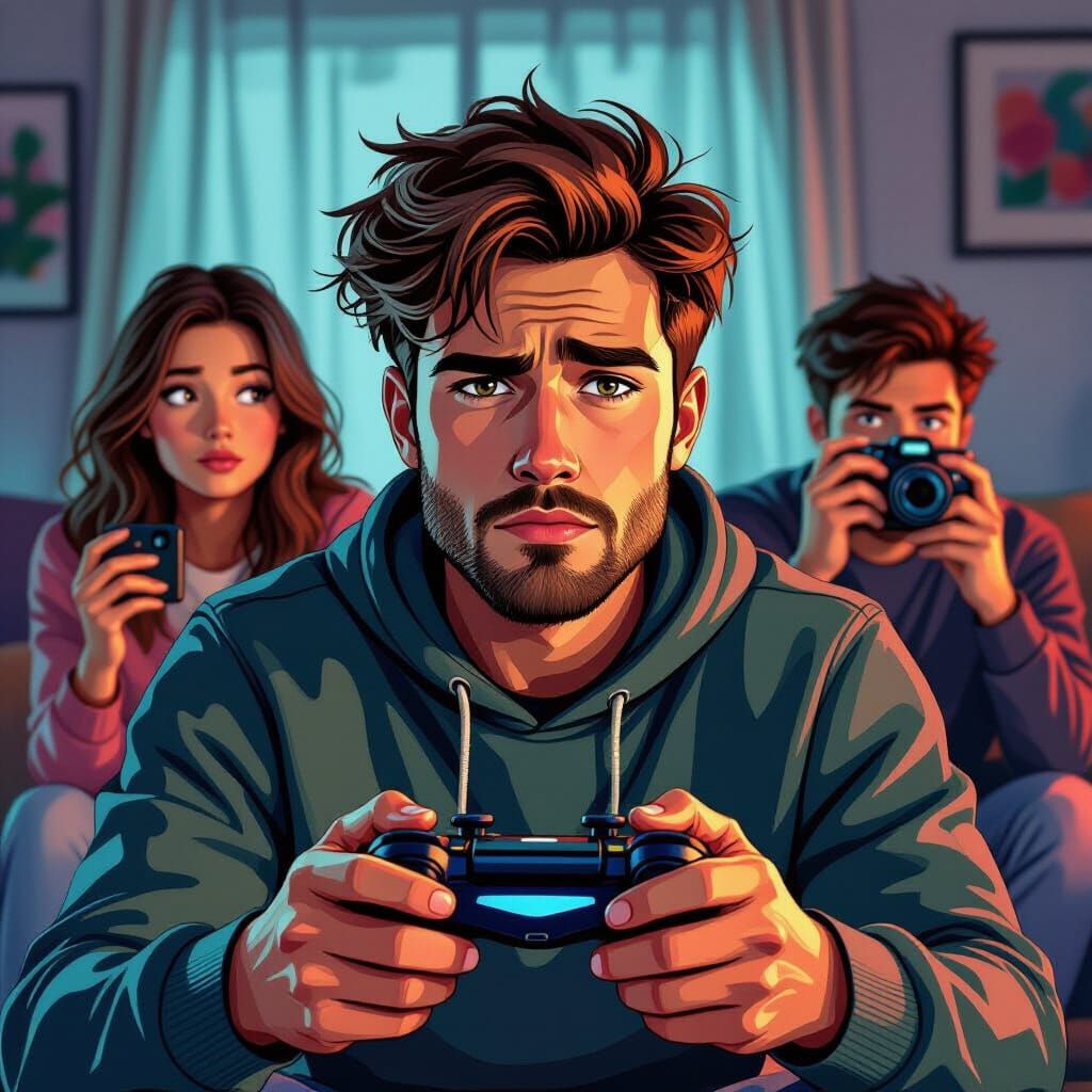 Distracted Gamer in Simon Stalenhag Style Digital Art