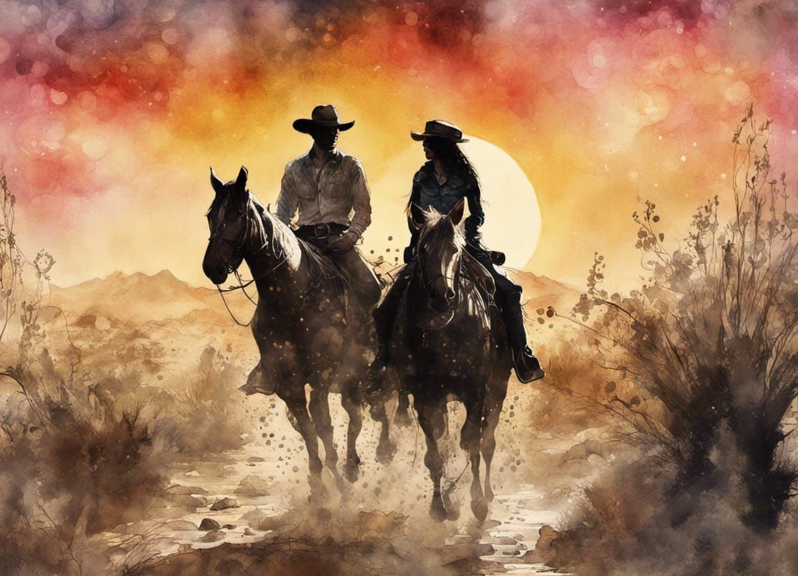 Cowboy and Cowgirl Ride into Watercolor Sunset