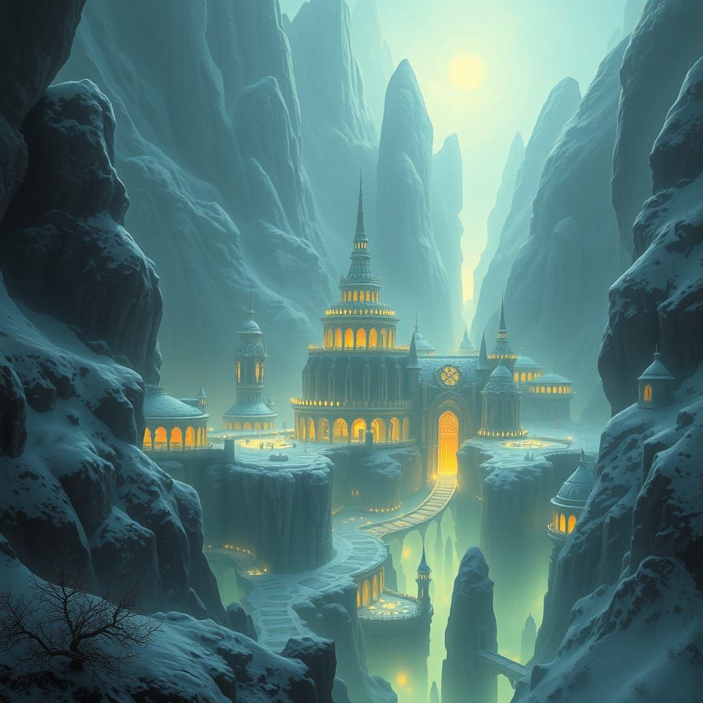 Mystical Snow Elf Sanctuary City in Bioluminescent Depths