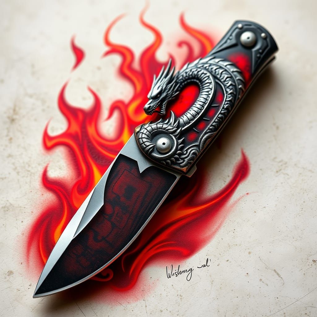 Fiery Dragon Pocket Knife in Fantasy Art Style