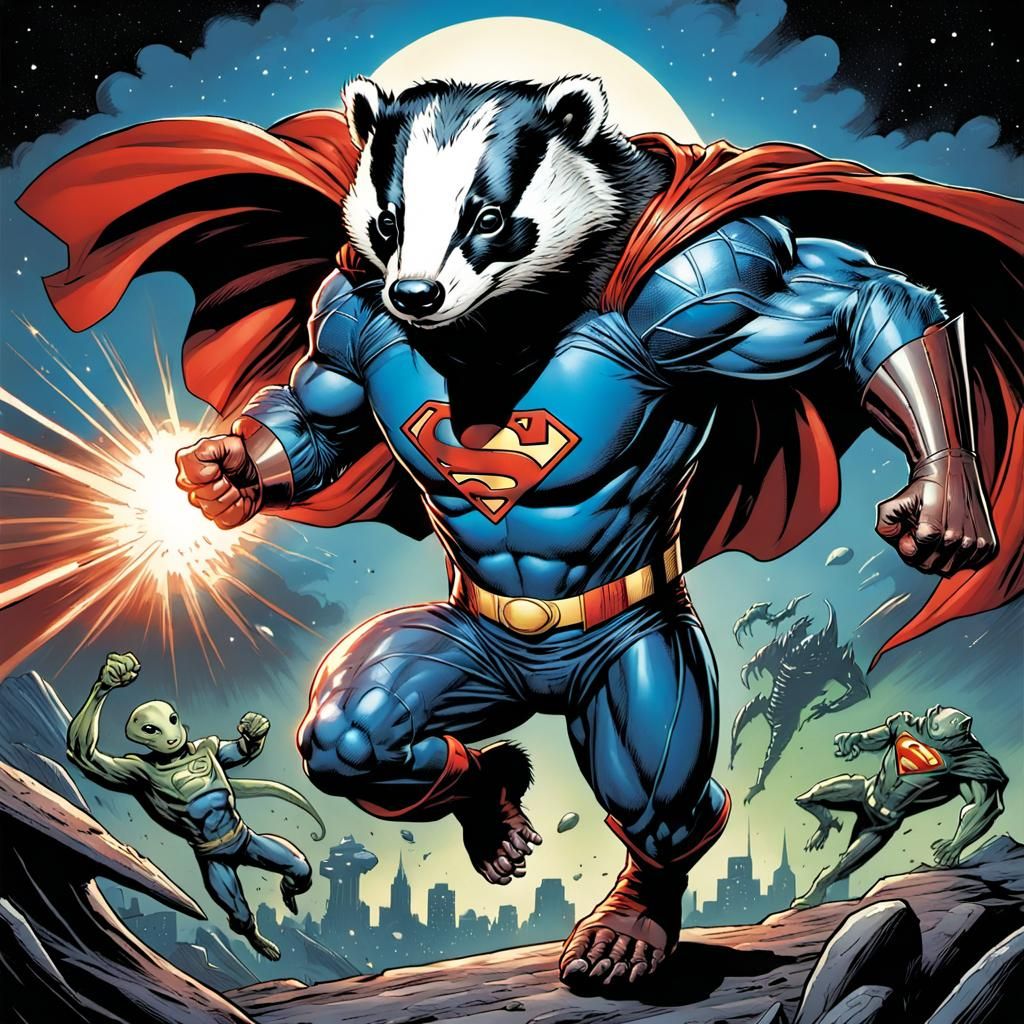 Badger as Superman Punching Alien, Comic Book Art
