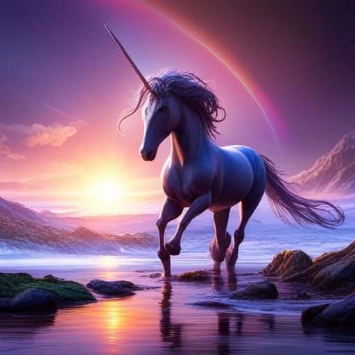 Glossy Purple Unicorn with Rainbow, Fantasy Concept Art