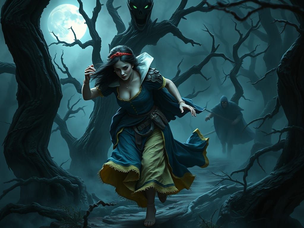 Medieval Snow White Flees Gruesome Huntsman in Dark Forest