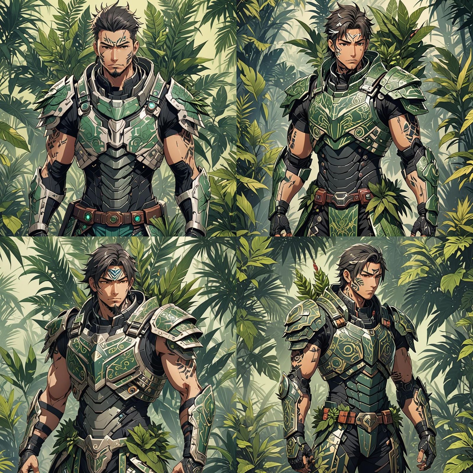 Tribal High-Tech Armor with Plant Ornaments in Anime Style