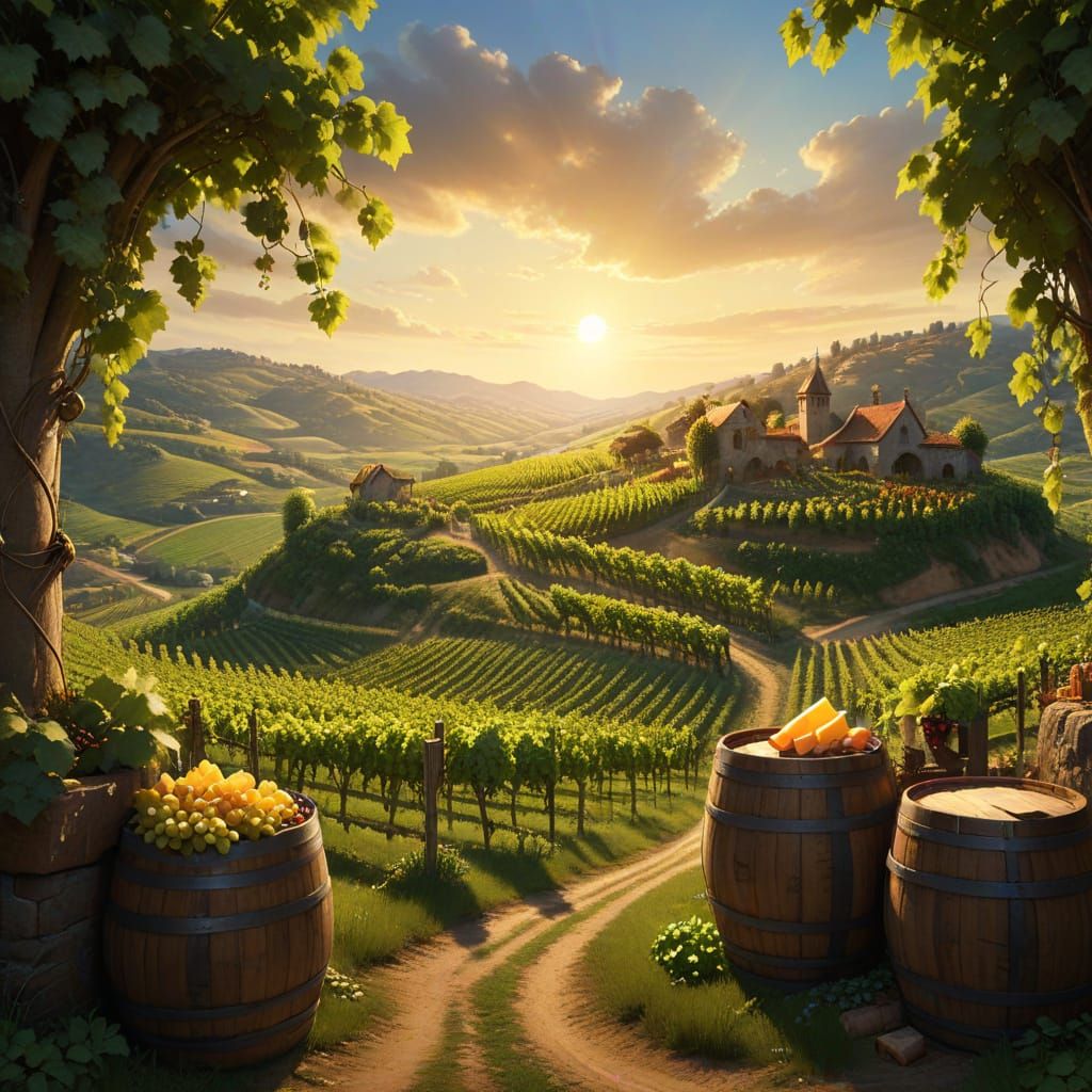 Fantasy Vineyard with Wine and Cheese in Oil Painting Style