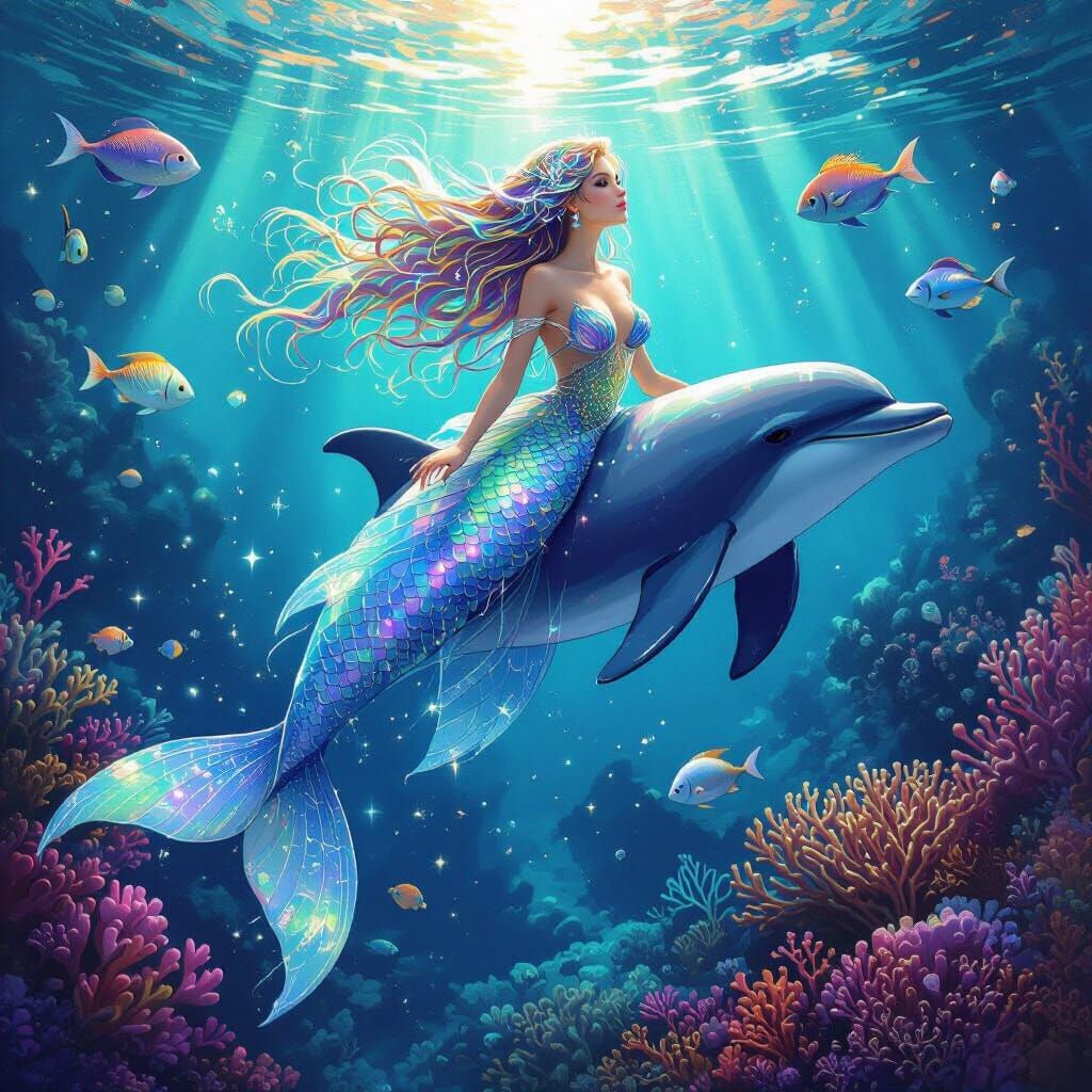 A celestial mermaid riding a dolphin through a vibrant, bioluminescent coral reef, her scales shimmering with iridescent...