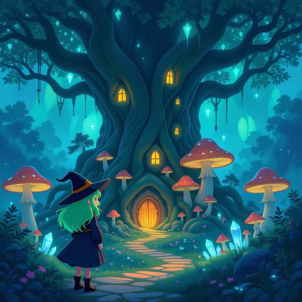 Enchanting Witch in Bioluminescent Mushroom Village