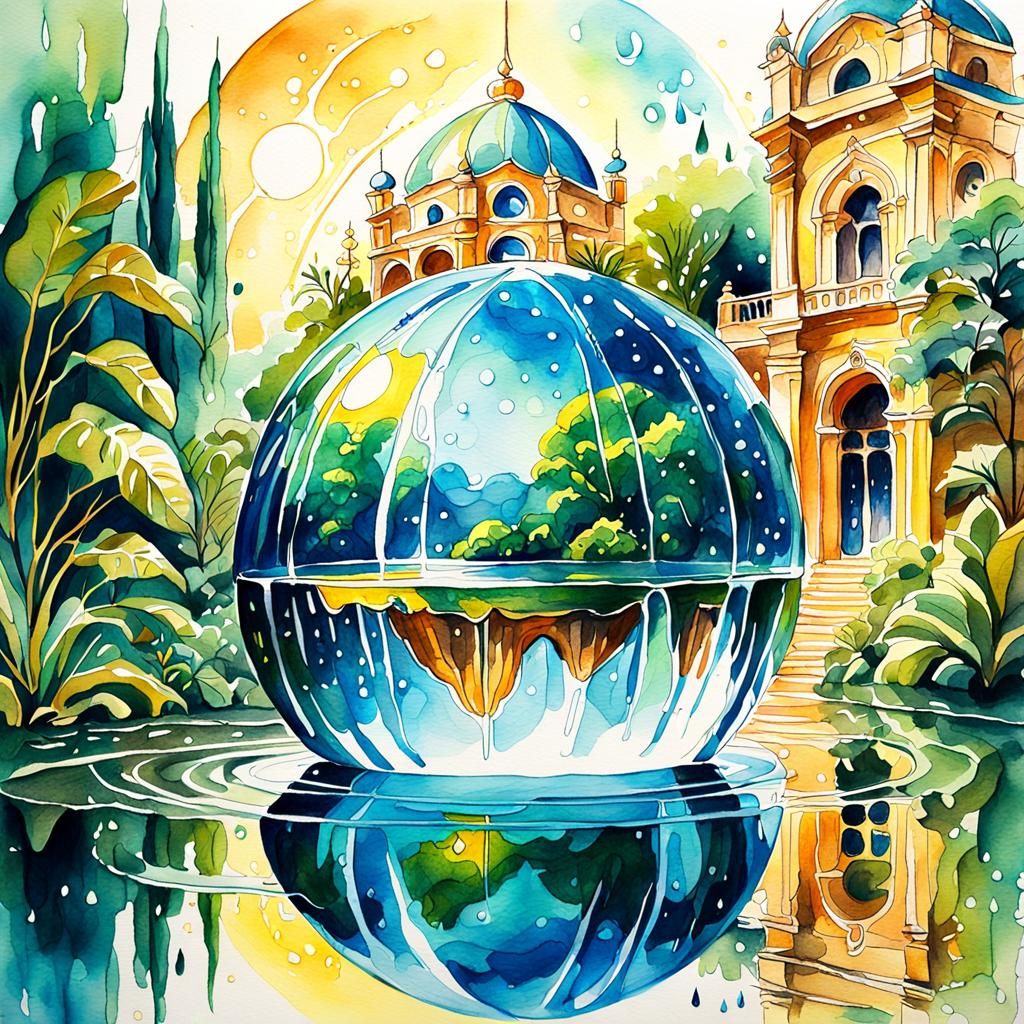Fabulous World Reflected in Watercolor Water Droplet