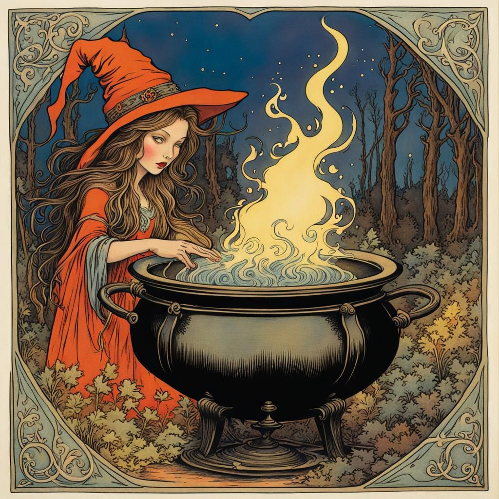 Fairytale Witch Stirring Cauldron in Arthur Rackham Style