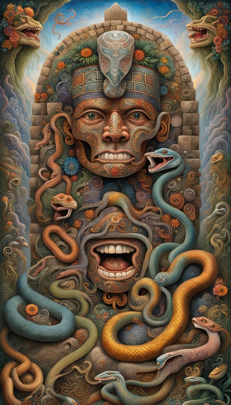 Snakes Emerge from Inca Statue, Colorful Art