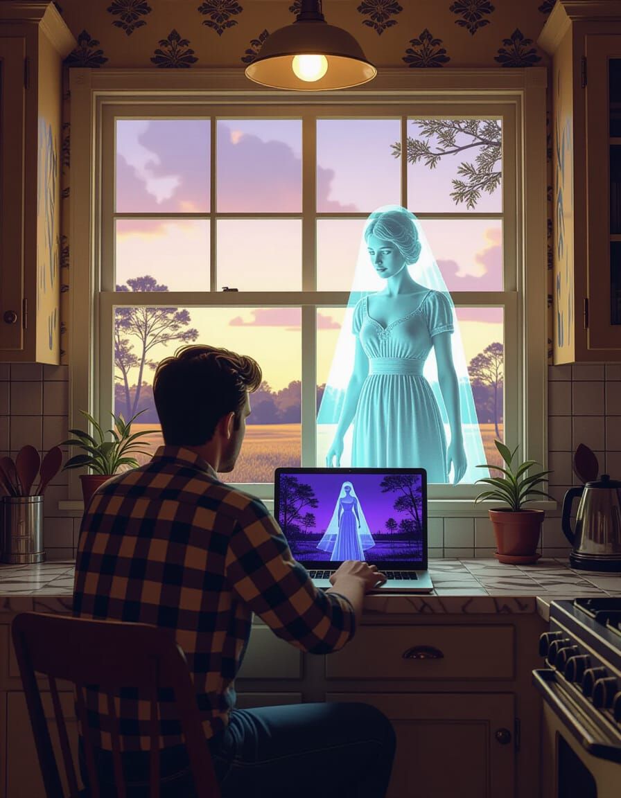 Retro Kitchen Encounter: Ghostly Woman in Digital Art Style