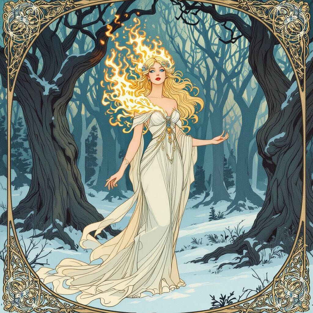 Ethereal Fire Woman in Winter Forest - Art Nouveau Style