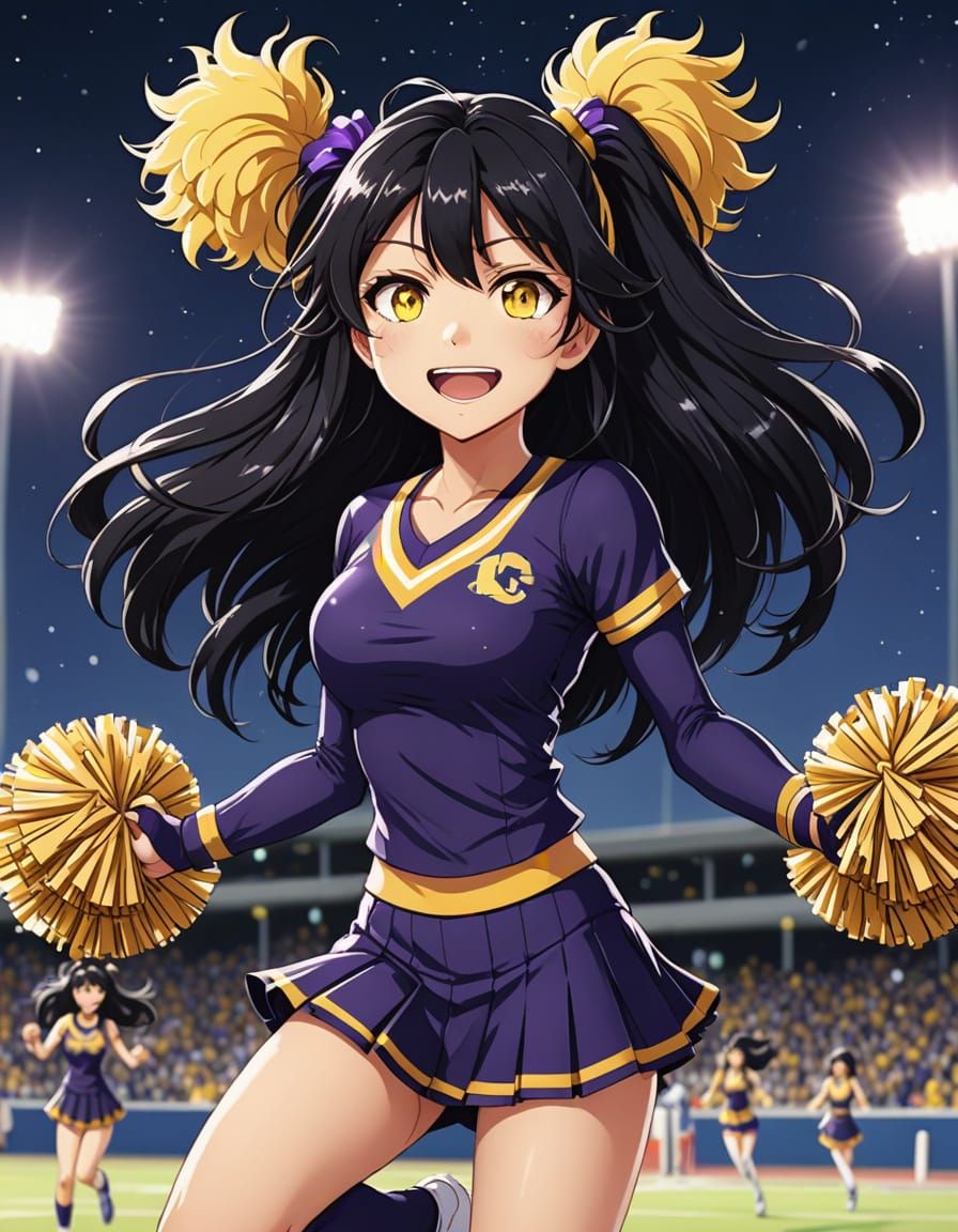 Anime Cheerleader with Flowing Hair and Golden Pompoms