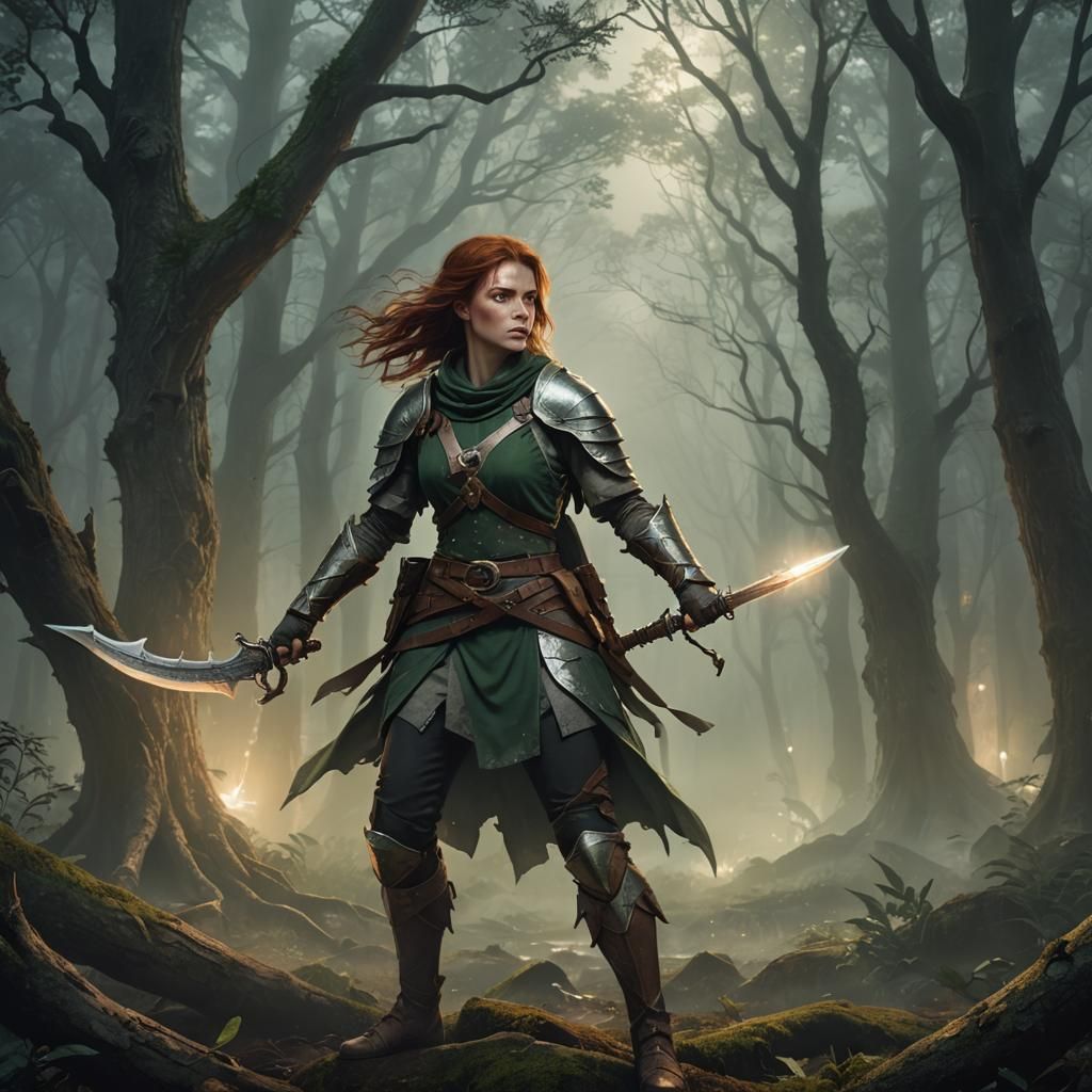 Moonlit Huntress in Misty Forest: Fantasy Illustration