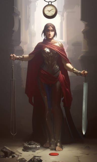 Justice Portrait with Scales and Sword in Art Nouveau Style