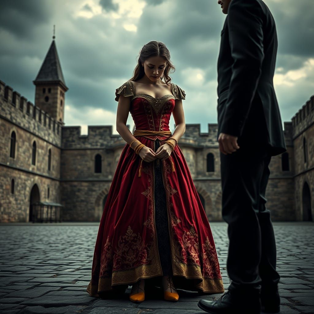 Regal Woman in Submissive Posture, Medieval Castle backdrop