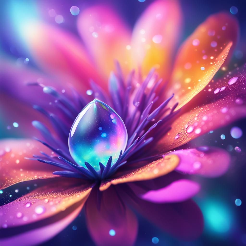 Cosmic Teardrop on Flower Petal in Mixed Media